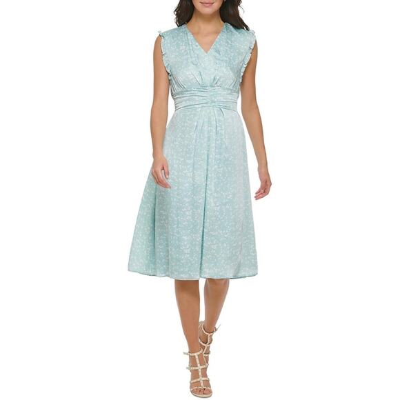 NWT DKNY Womens 8 Ruffle Printed Floral Midi Dress - Picture 1 of 7
